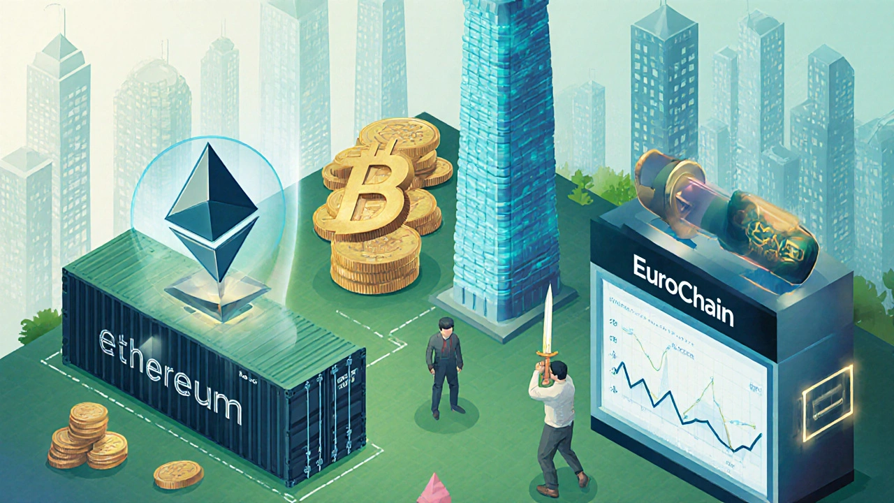 Isometric marketplace showing supply‑chain, gaming NFT, and DeFi uses.