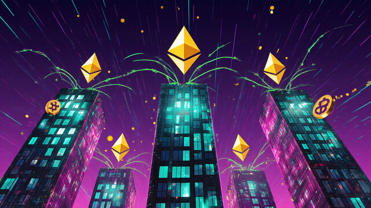 Night city skyline of validator towers with Ether symbols and gas streams.