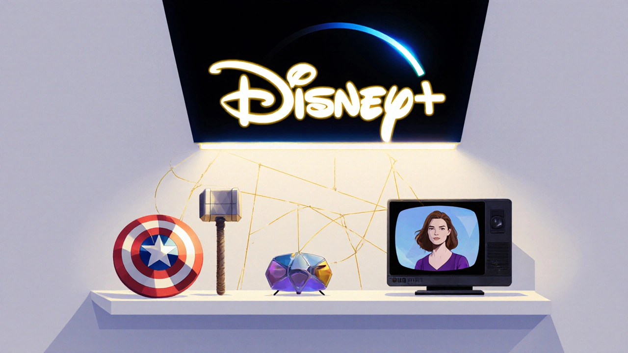 A Disney+ logo connected by golden threads to iconic Marvel items like a shield and hammer.