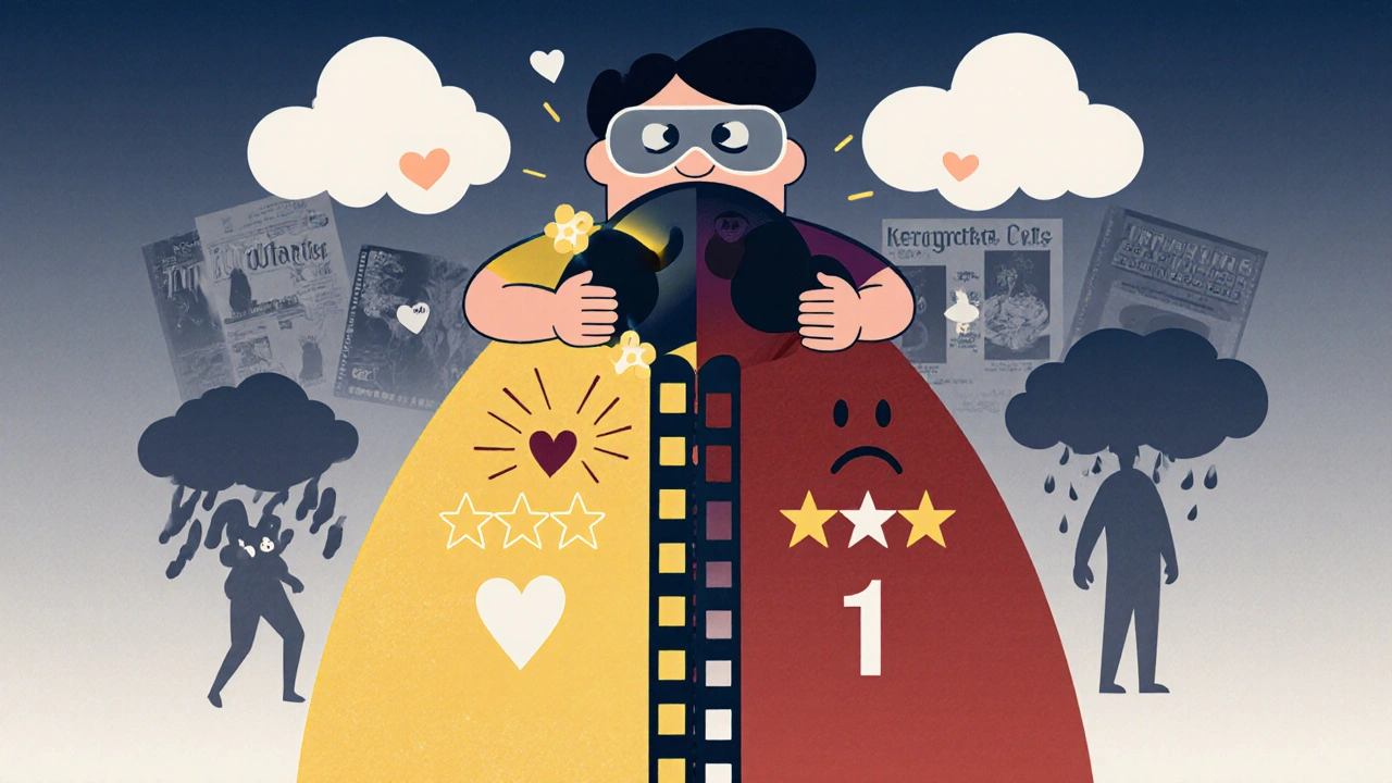 A film reel splitting into two emotional paths: golden love and dark anger, symbolizing polarizing movies.