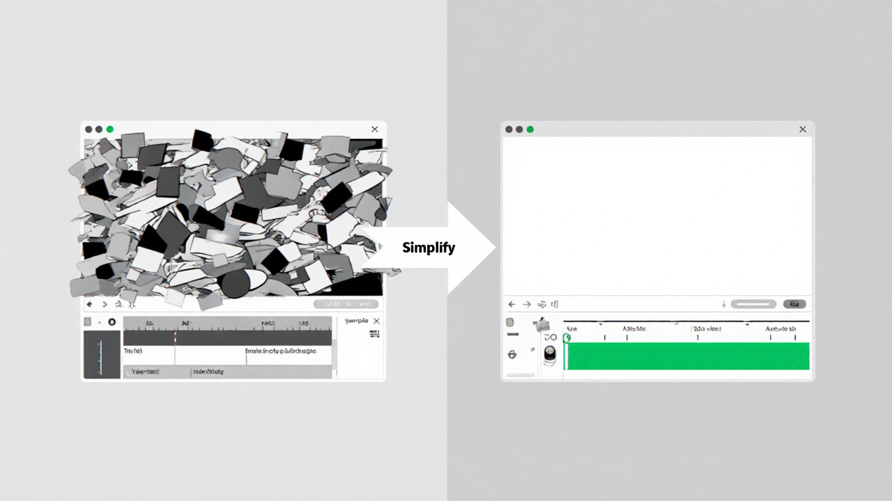 A split-screen showing cluttered vs. clean video editing interfaces in minimalist illustration.