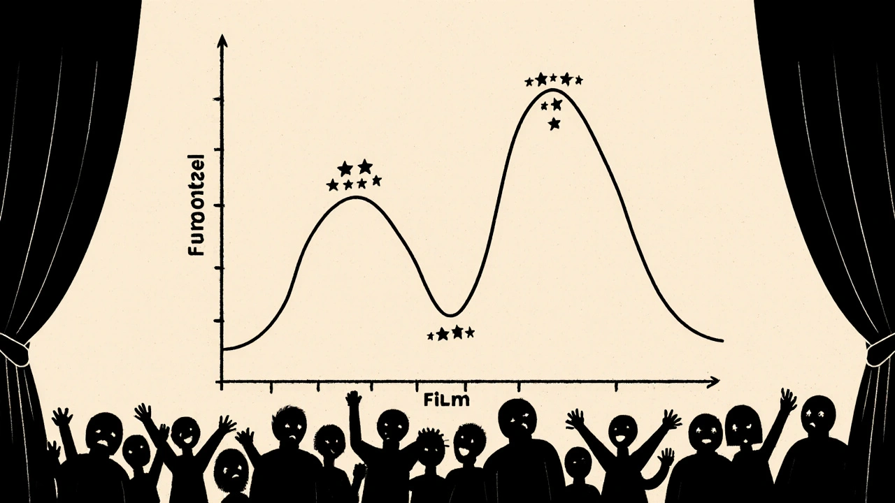 Bimodal distribution curve with two peaks at 1 and 10 stars, representing divided audience opinions.