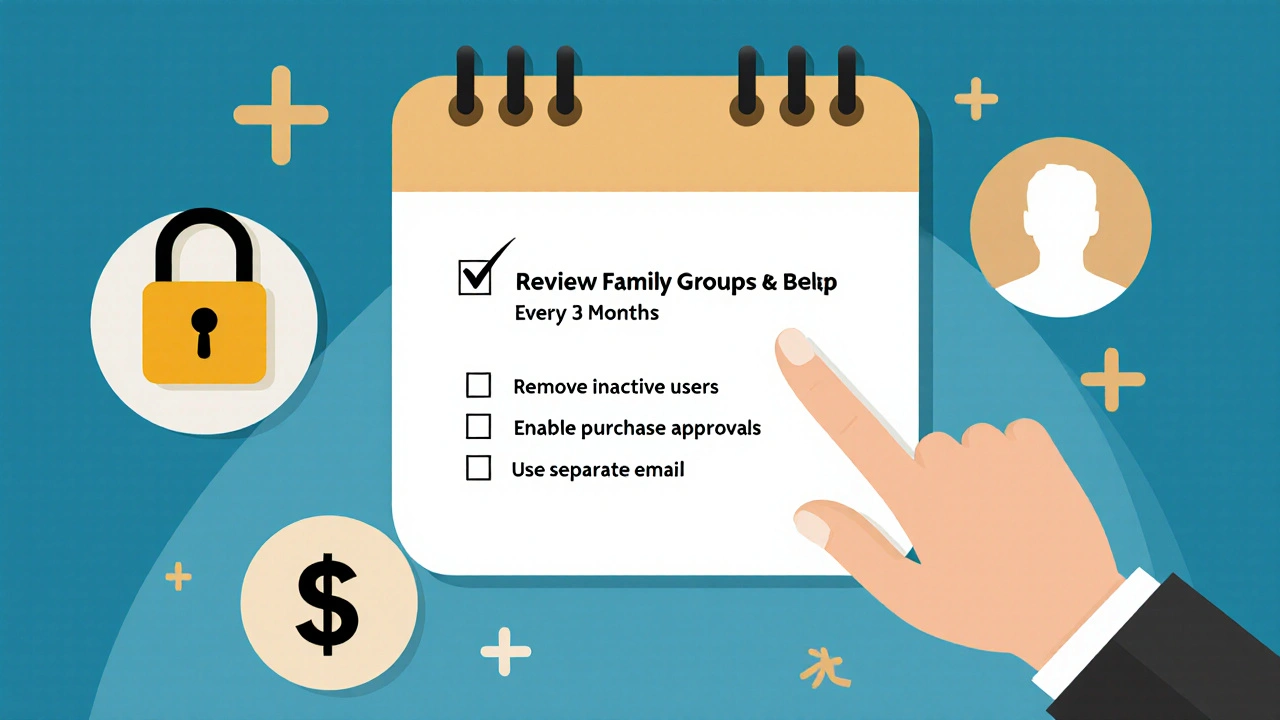 Calendar with reminders to review family subscriptions and manage privacy and billing.