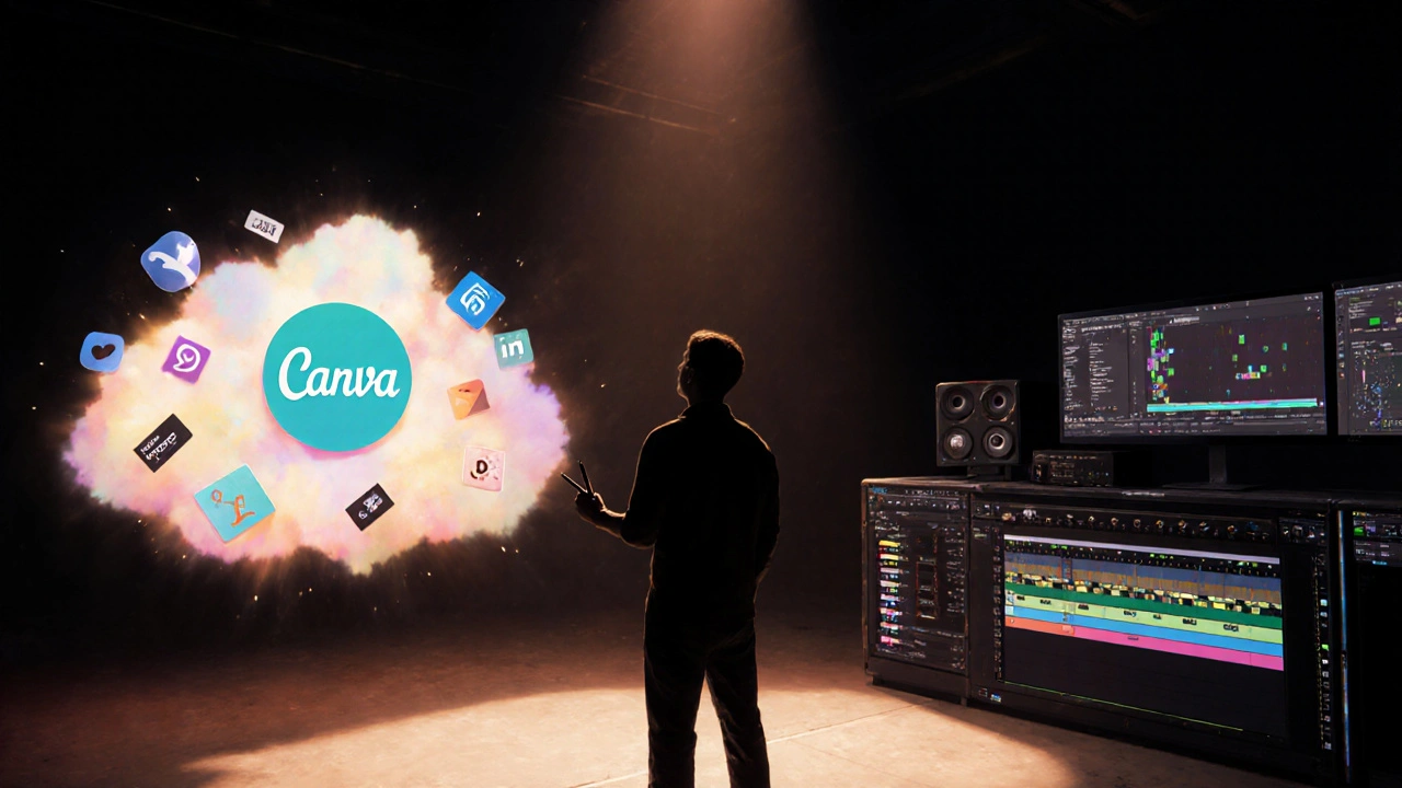 Cinematic scene of a creator at a split path between Canva clouds and Premiere studio.