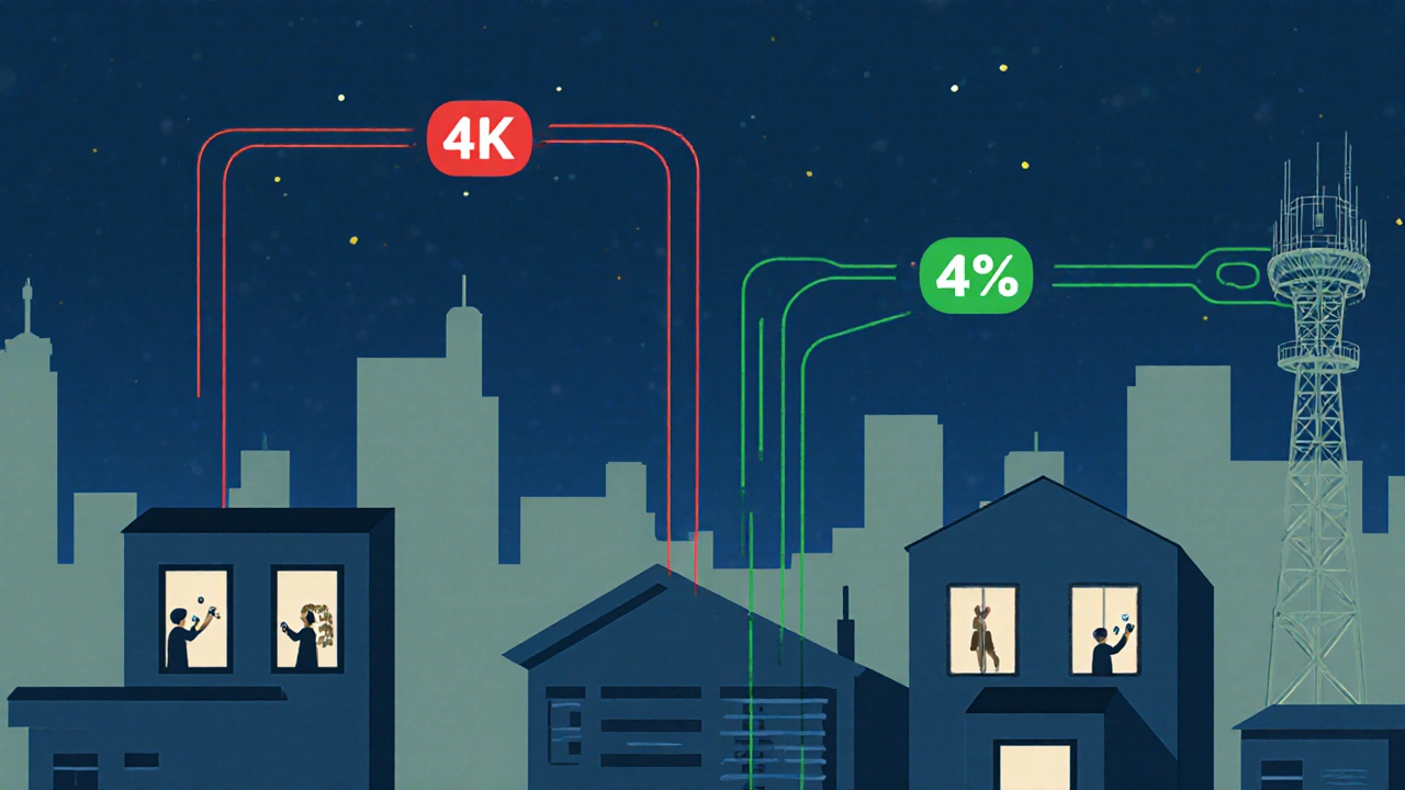 City skyline with data streams showing thick (4K) and thin (data saver) bandwidth flows to cell towers.