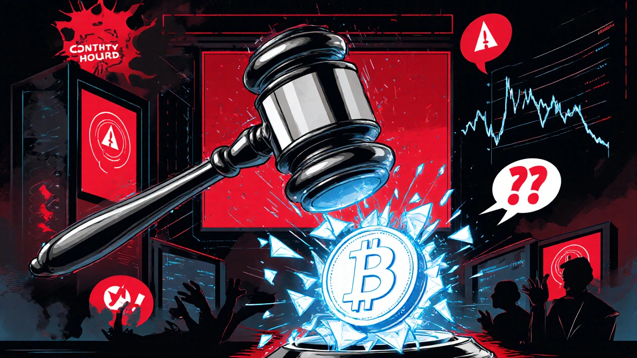 Comic‑style gavel smashing a glowing crypto token amid flickering exchange servers.