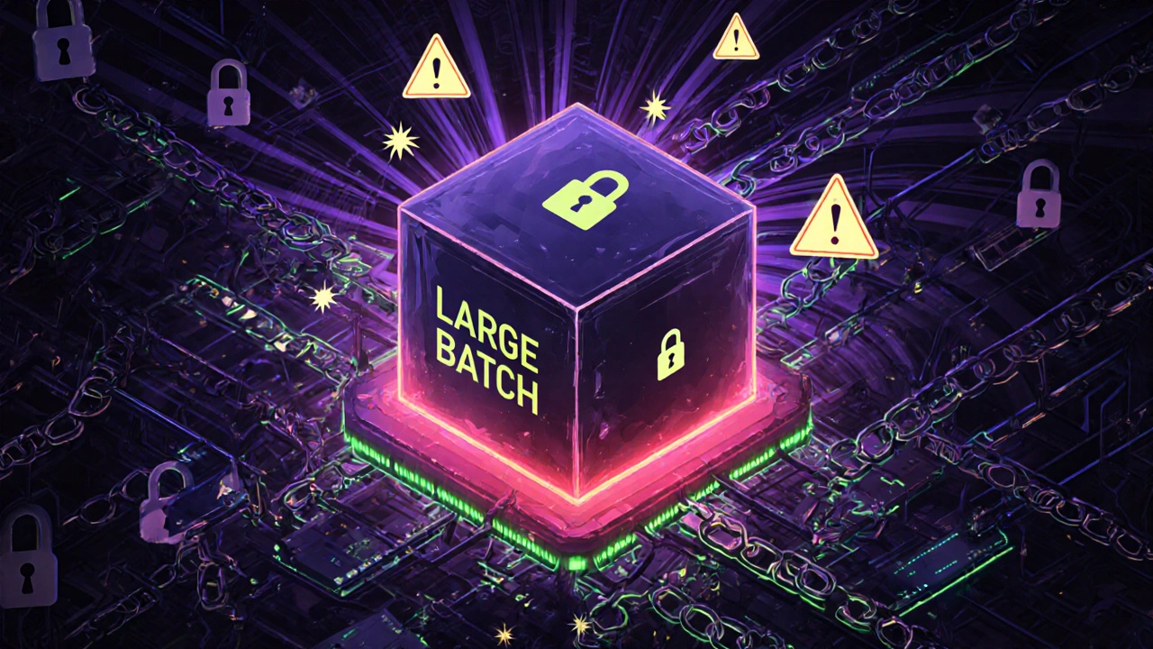 Concept art of a large batch causing lock stress and potential rollback in a cyberpunk style.
