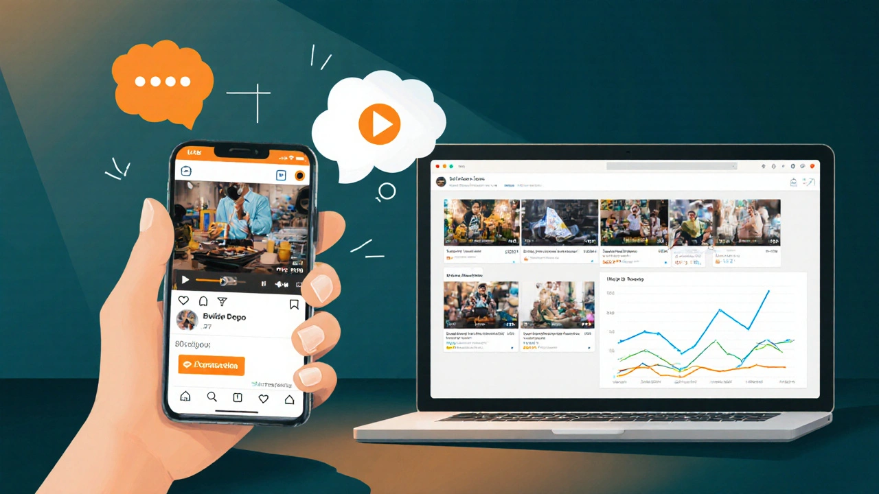 Creator workflow showing vertical video on phone with captions, CTA, and analytics tools.