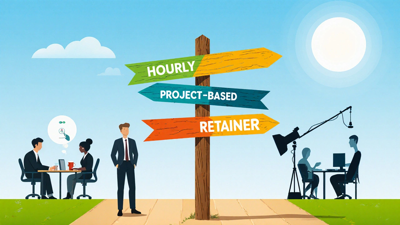 Crossroads signpost with arrows for hourly, project, per‑minute, and retainer options.