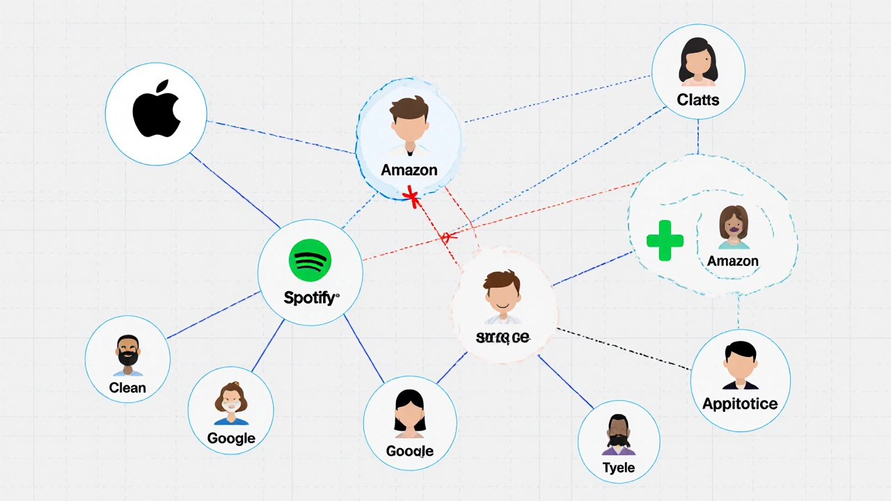 Digital family tree with connected service icons, one node being removed with an X mark.