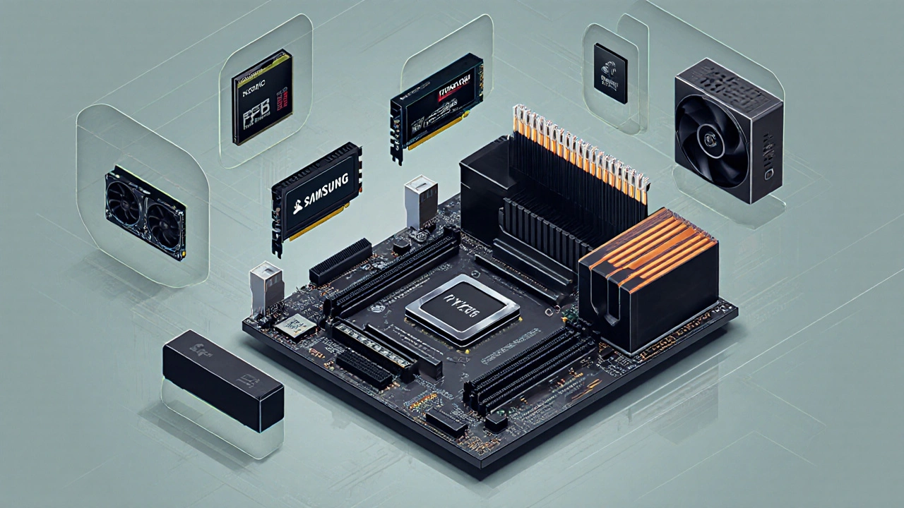Exploded illustration showing CPU, GPU, RAM, SSDs, PSU and cooler of a editing rig.