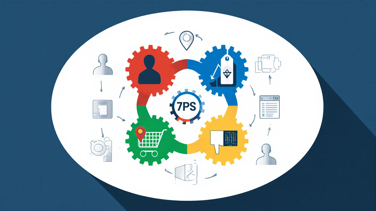 Flat design illustration of interlocking gears representing the marketing 4Ps loop.