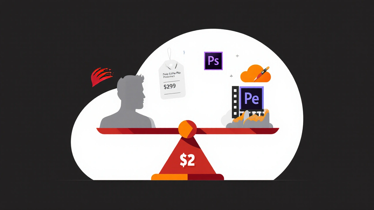Flat design scale balancing Final Cut Pro price tag and Premiere Pro subscription with ecosystem icons.