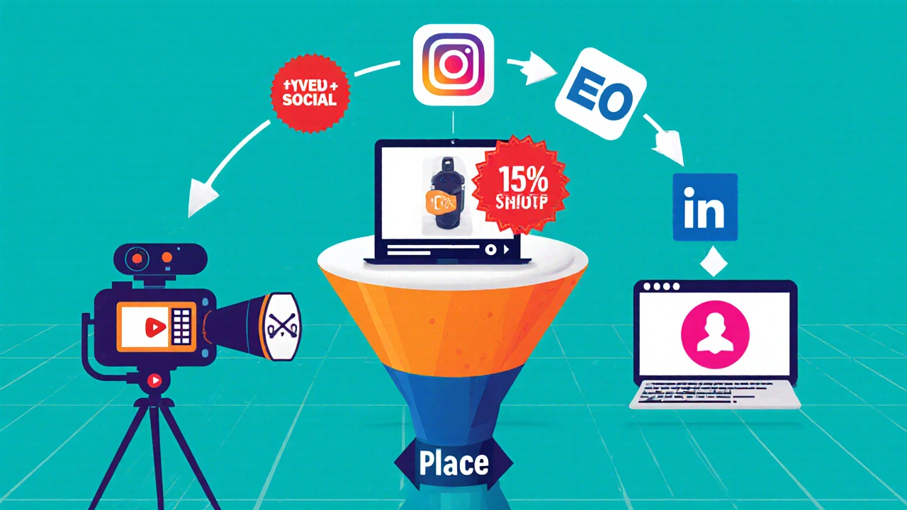 Flat illustration of a video marketing funnel with product demo, price tag, platform screens, and promotion arrows.
