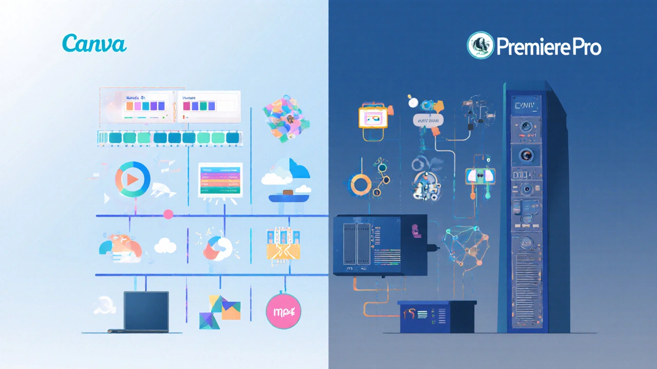 Flat illustration showing paired icons for Canva and Premiere Pro features.
