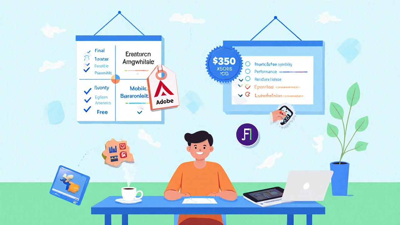 Flat vector of a creator at a desk surrounded by pricing icons and a decision matrix board.
