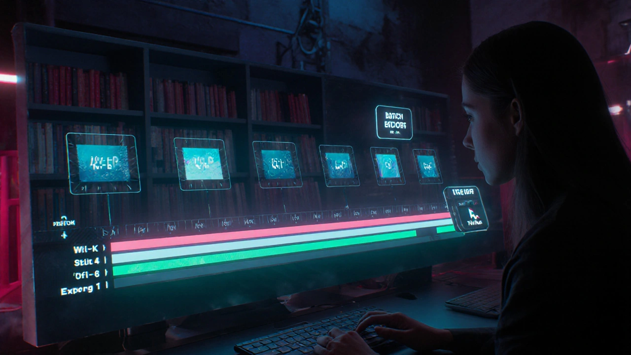 Futuristic workstation with holographic timeline and batch‑exporting TikTok videos.