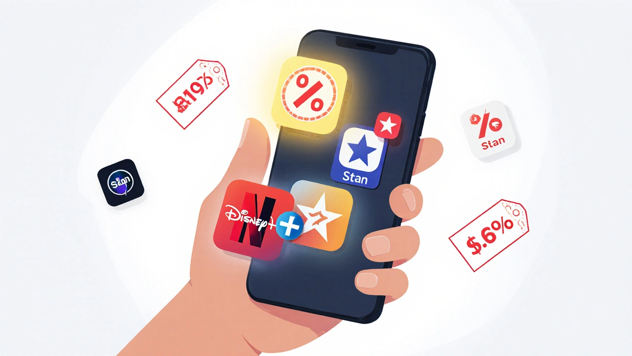 Hand holding phone with streaming apps, one glowing with a discount badge.