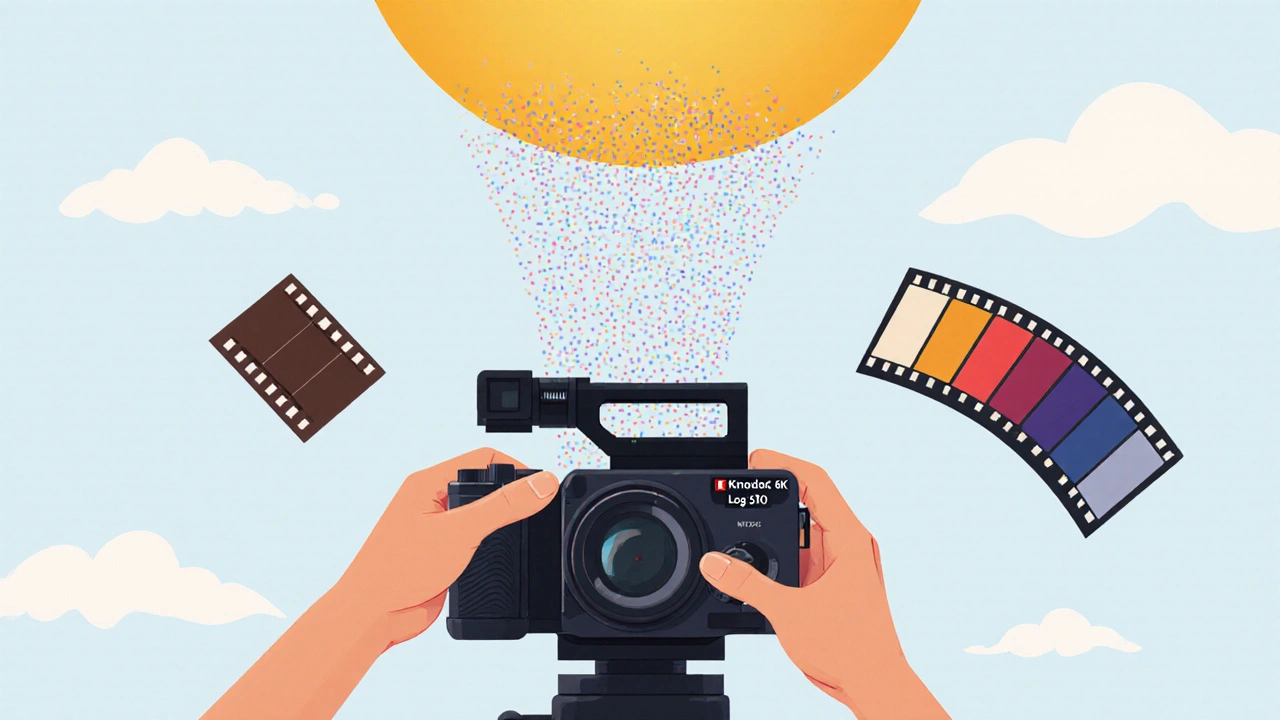 Hands adjusting a RED Komodo camera at sunset, with color profiles floating as soft abstract swatches.