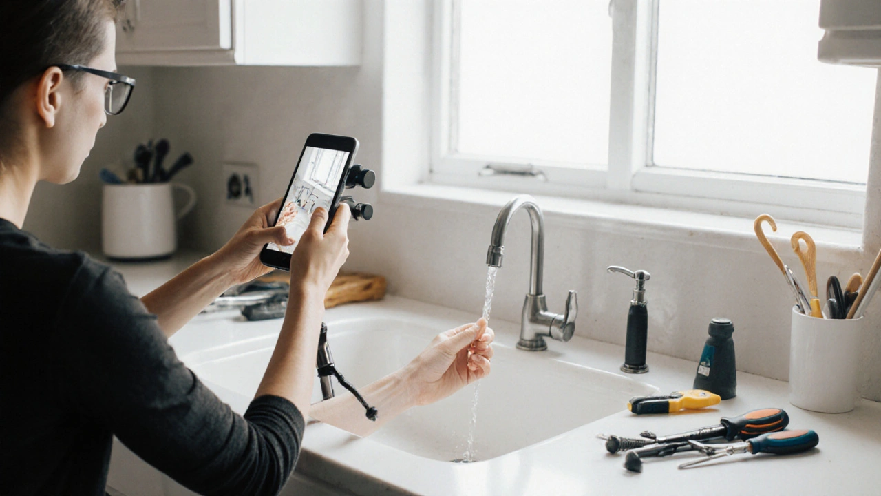 Hands demonstrating a faucet repair in a well-lit kitchen with a phone on a tripod recording the tutorial.