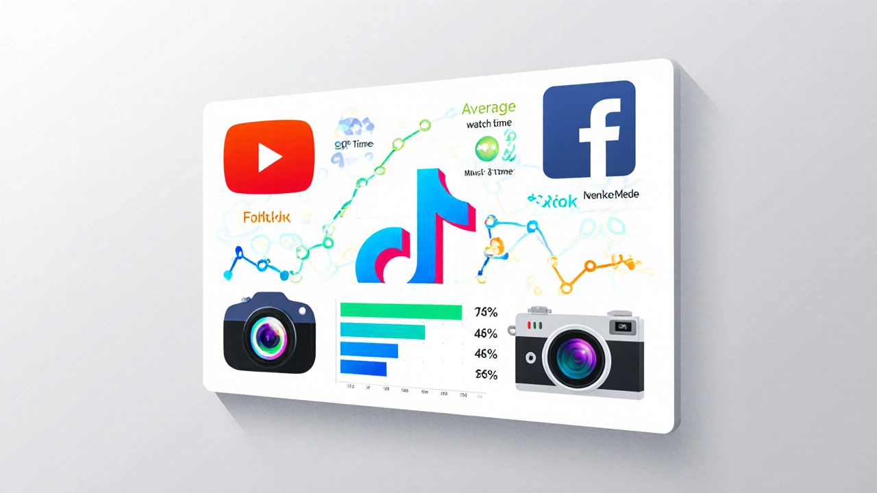 Illustrated dashboard comparing watch time, engagement, and CPM for four video platforms.