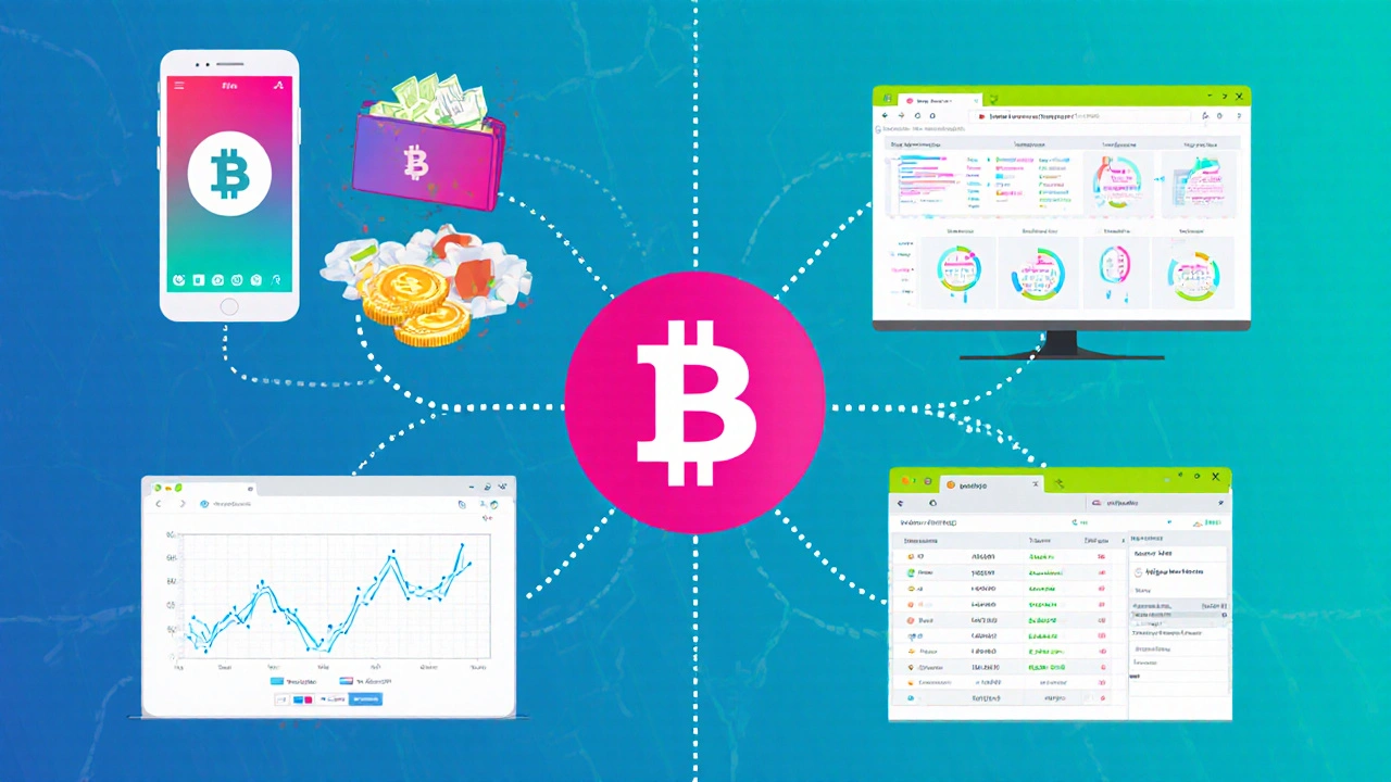 Illustration of mobile, desktop, web, and exchange hot wallets in a grid layout.