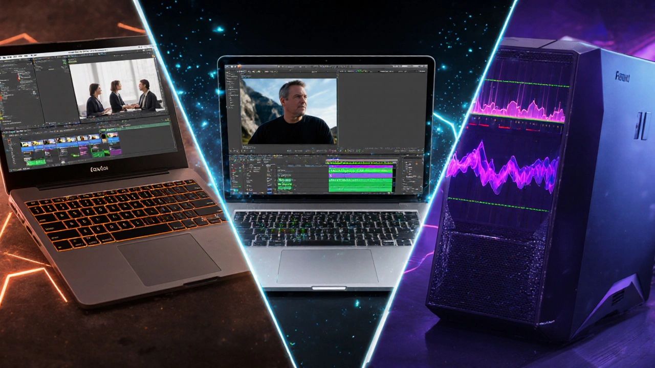 Illustration of three editors: Premiere on Windows, Final Cut on Mac, DaVinci Resolve on workstation.