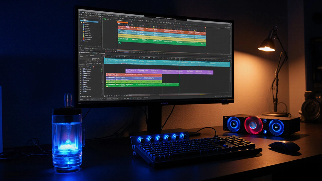 Night‑time view of a finished editing setup with monitor, color‑grading panel and audio interface.
