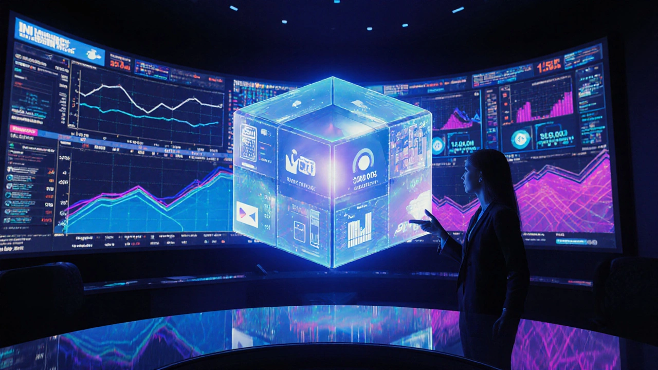 Nighttime command center with holographic 4 Ps cube and glowing KPI dashboard on large LED wall.