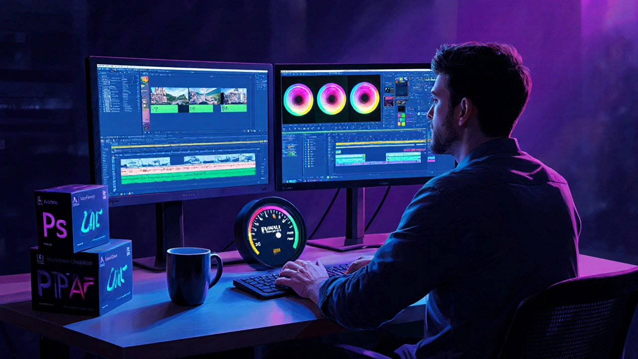 Nighttime editing studio showing timeline, color grading, and motion graphics screens.