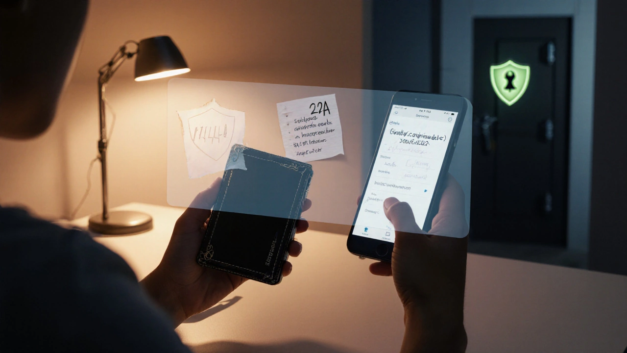 Person holding a cold hardware wallet and a phone with hot wallet, showing security icons.