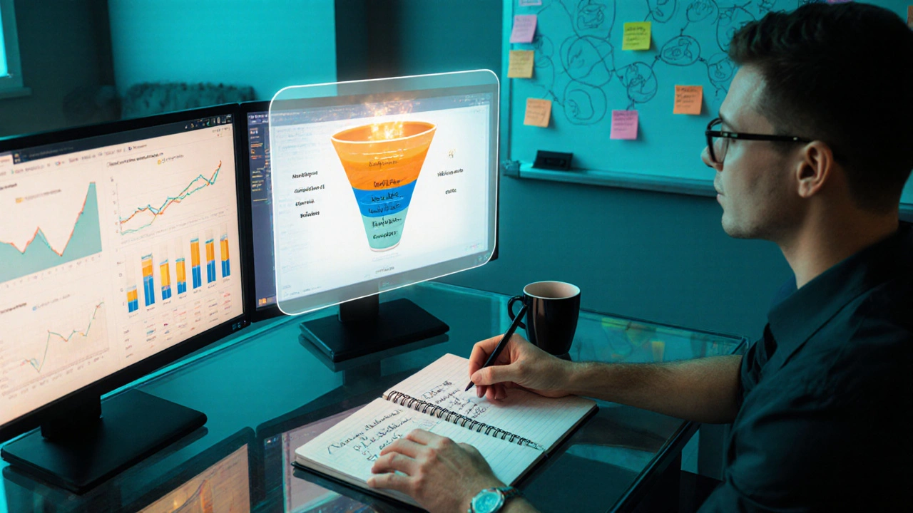 Photorealistic office with a marketer reviewing a funnel dashboard and a checklist.