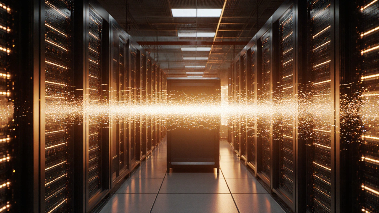 Photorealistic view of a light stream merging into a server rack, showing high throughput.