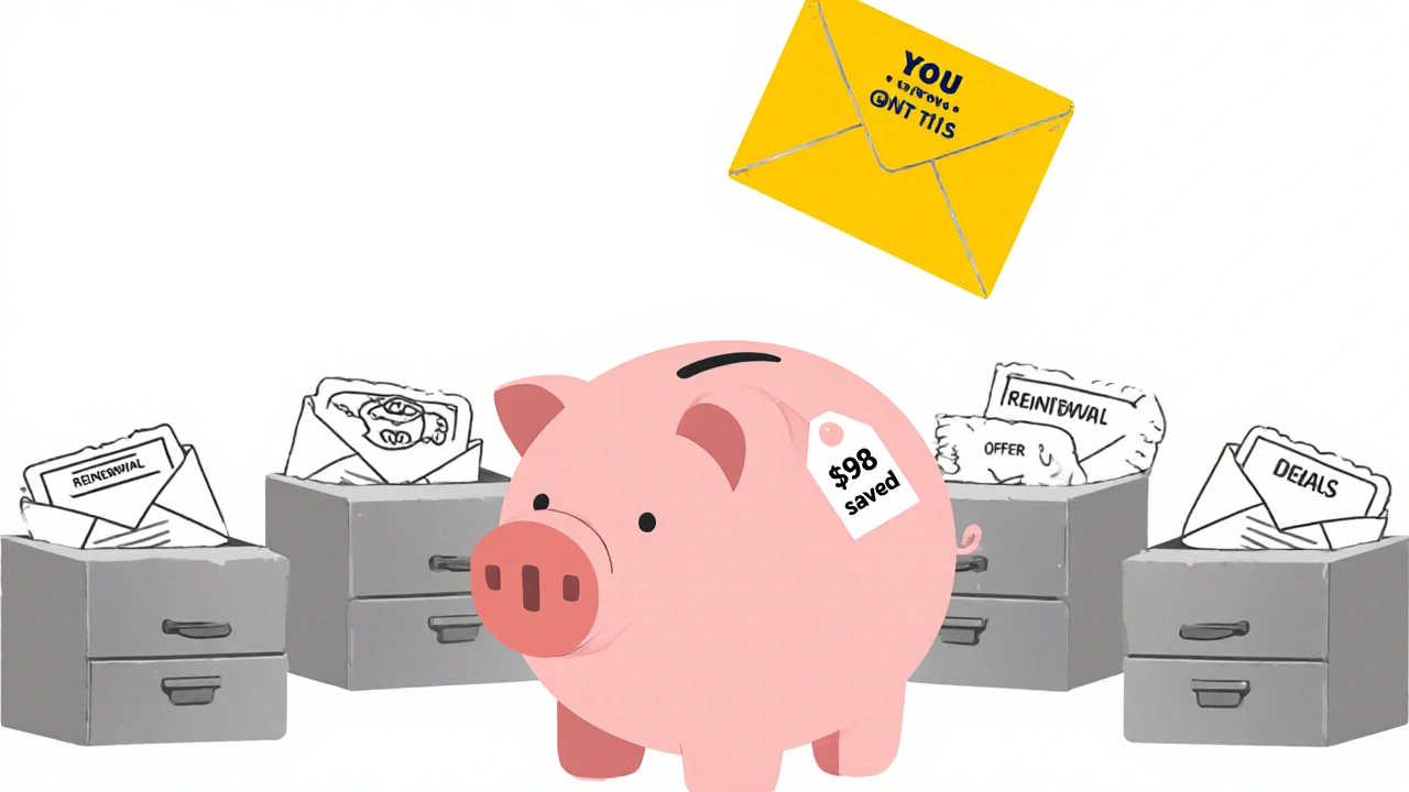 Piggy bank labeled ' saved' with sorted email envelopes nearby