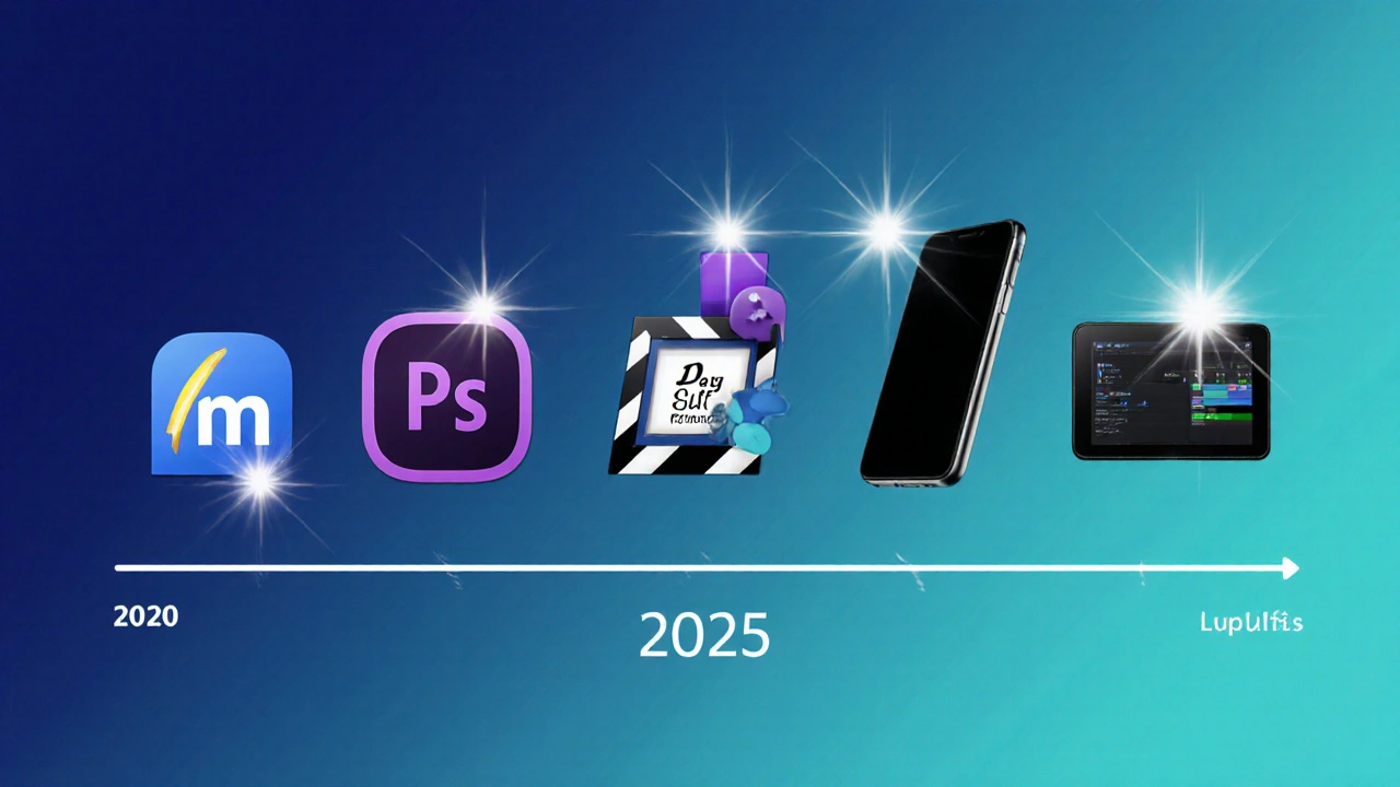 Poster style timeline of video editing tools evolving from 2020 to 2025 with icons and gradient background.