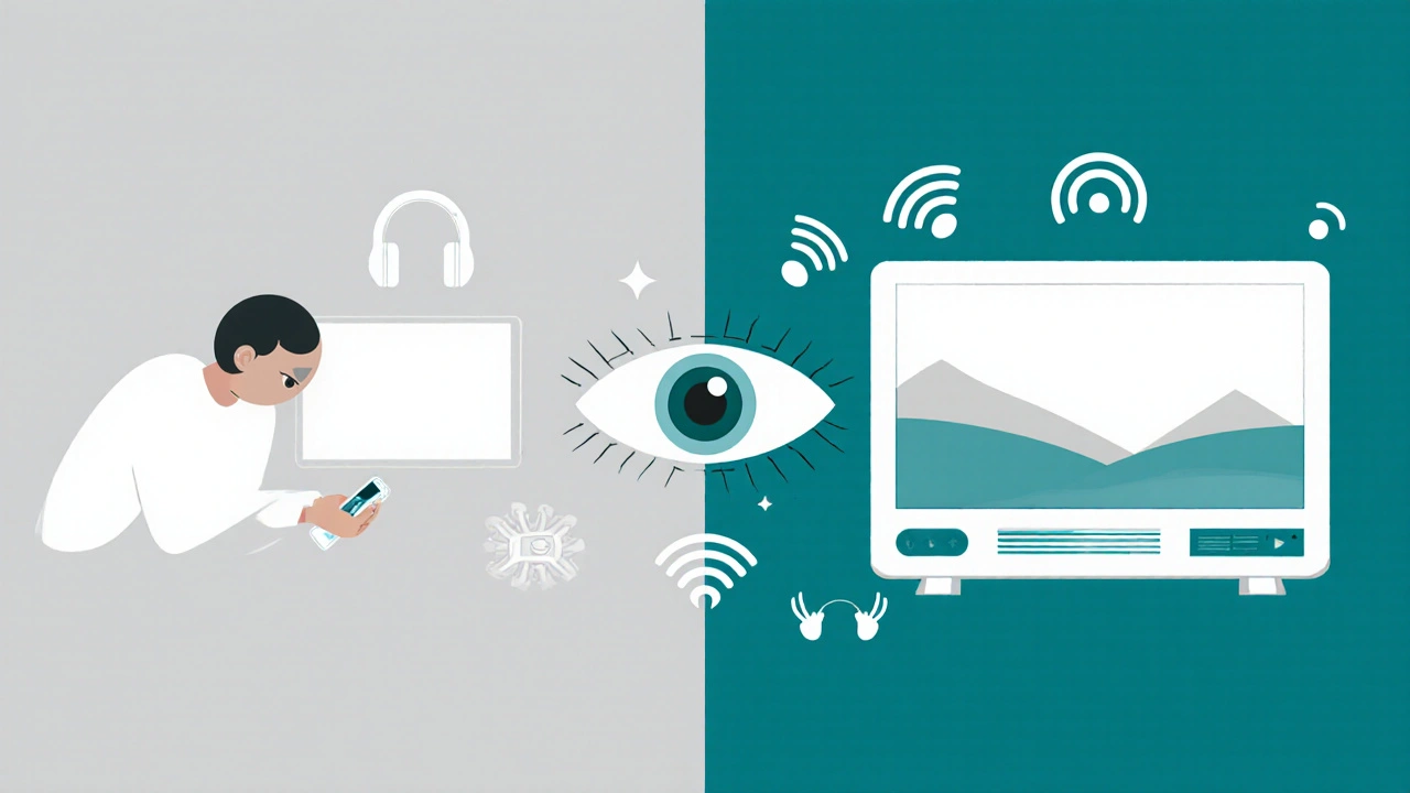 Side-by-side comparison of video quality on phone vs. TV, with eye evaluating visual clarity.