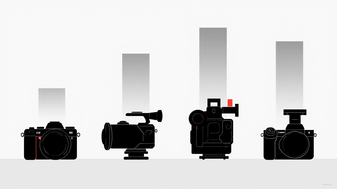 Side-by-side silhouette comparison of cinema cameras with height bars showing RED's superior dynamic range.