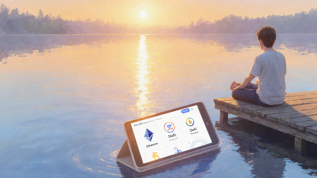 Sunrise over lake showing a diversified crypto portfolio on a tablet beside a calm figure.