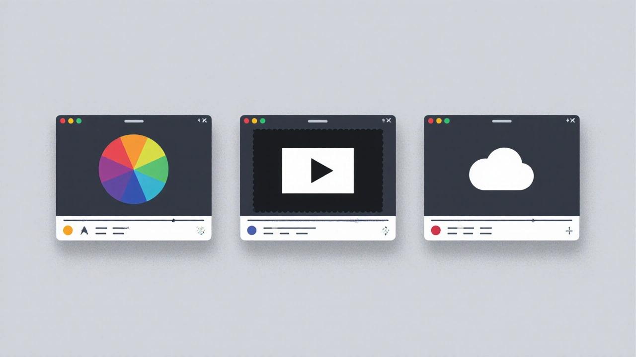 Three simple icons representing free video editing software: Resolve, Shotcut, and Clipchamp.