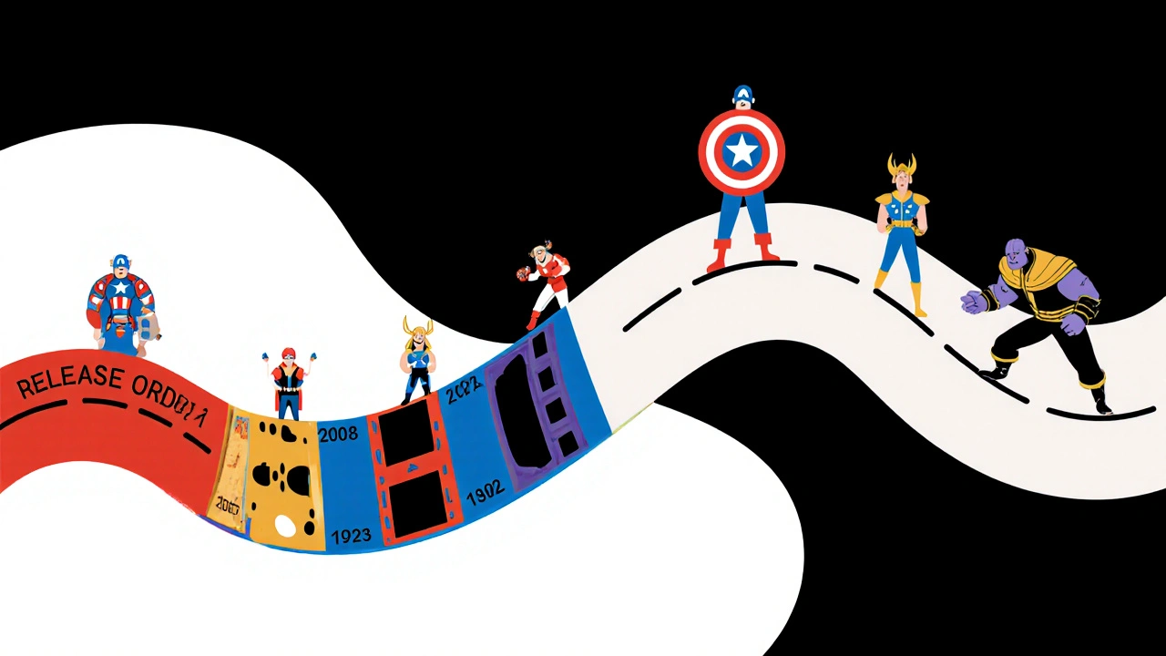 Two abstract timelines showing Marvel release order versus chronological order with key characters.