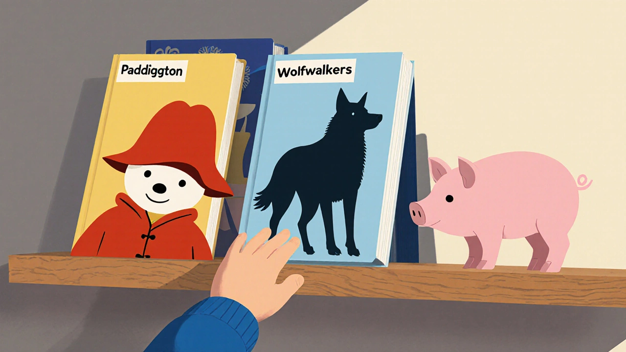 A child reaching for simplified movie titles on a shelf