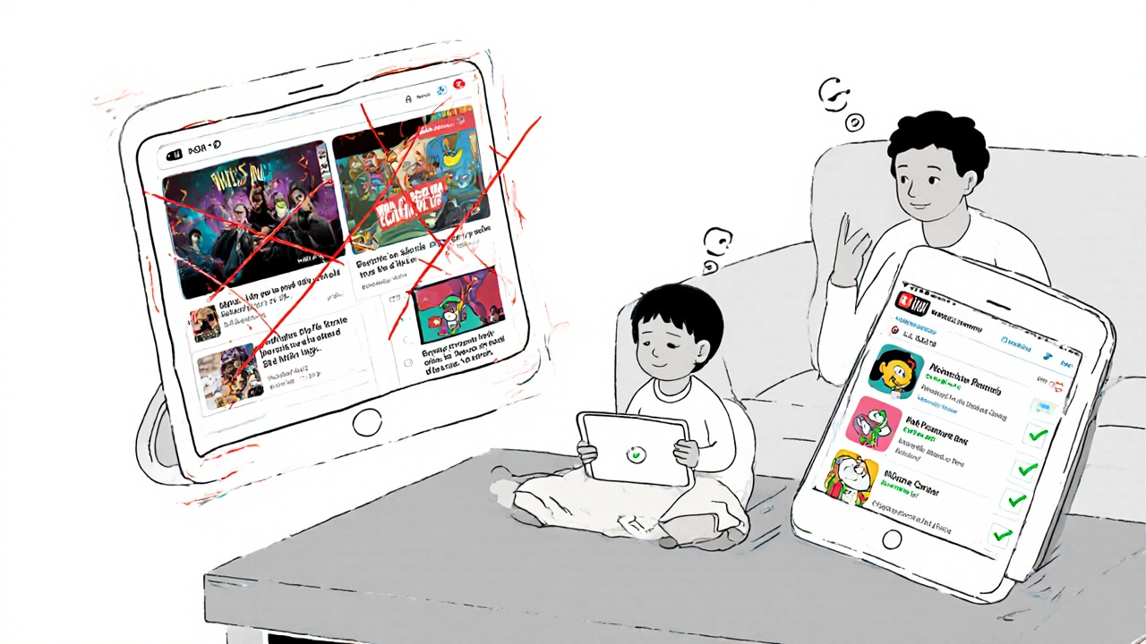 A child watches calm cartoons on one tablet while an adult faces chaotic recommendations on another.