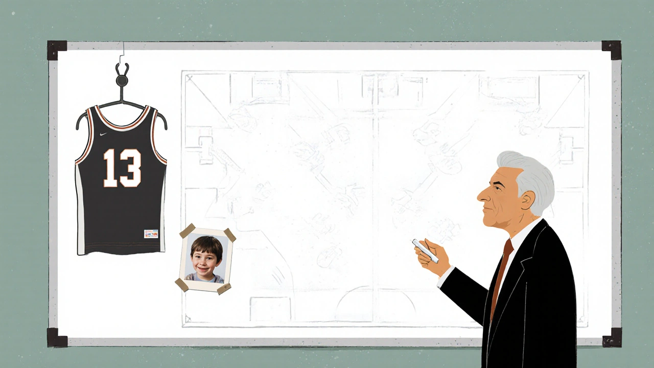 A coach faces an empty whiteboard, a jersey hangs nearby with a child&#039;s photo taped to the wall.