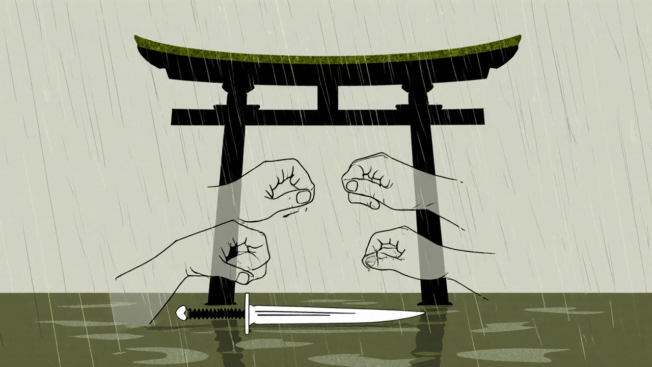 A dagger on wet ground with four ghostly hands reaching for it, rendered in flat, muted tones.