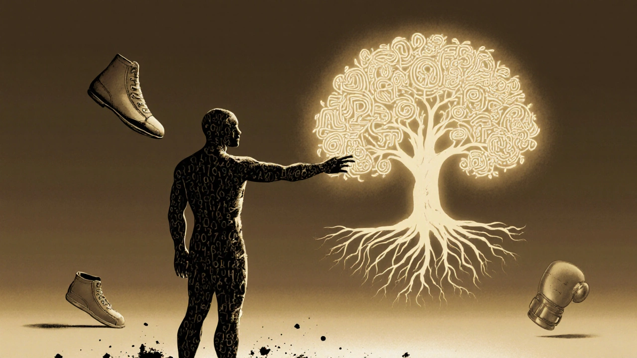 A fragmented human form made of numbers and symbols, reaching toward a tree with spiritual and scientific elements.