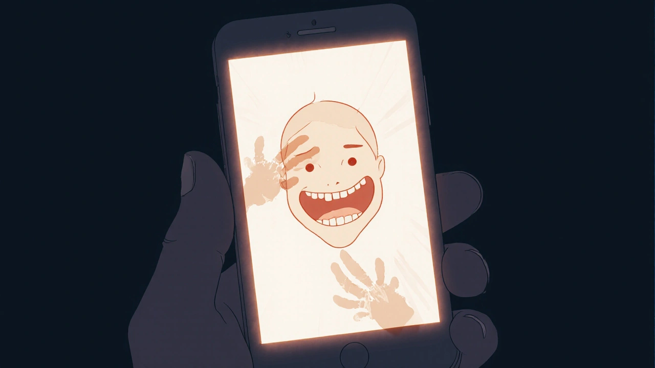 A glowing phone screen showing a distorted selfie with a creepy smile and handprints on the glass.