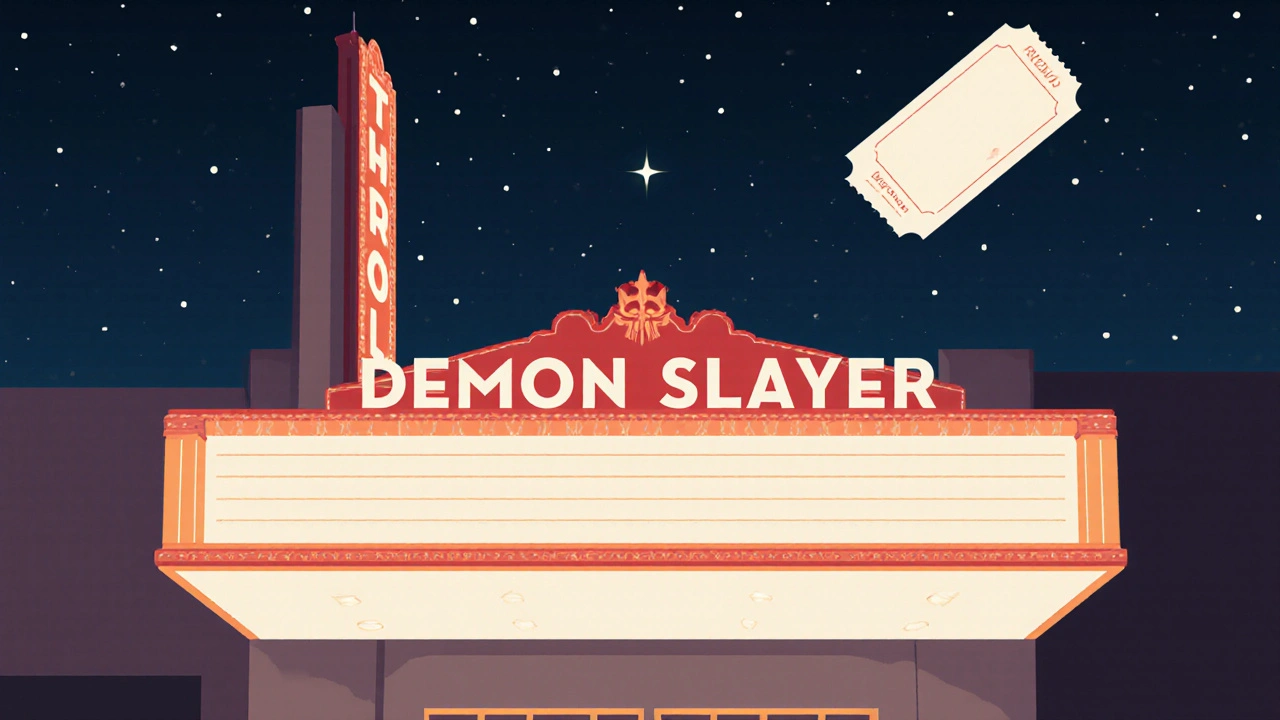 A glowing theater marquee with &#039;DEMON SLAYER&#039; and a floating ticket stub.