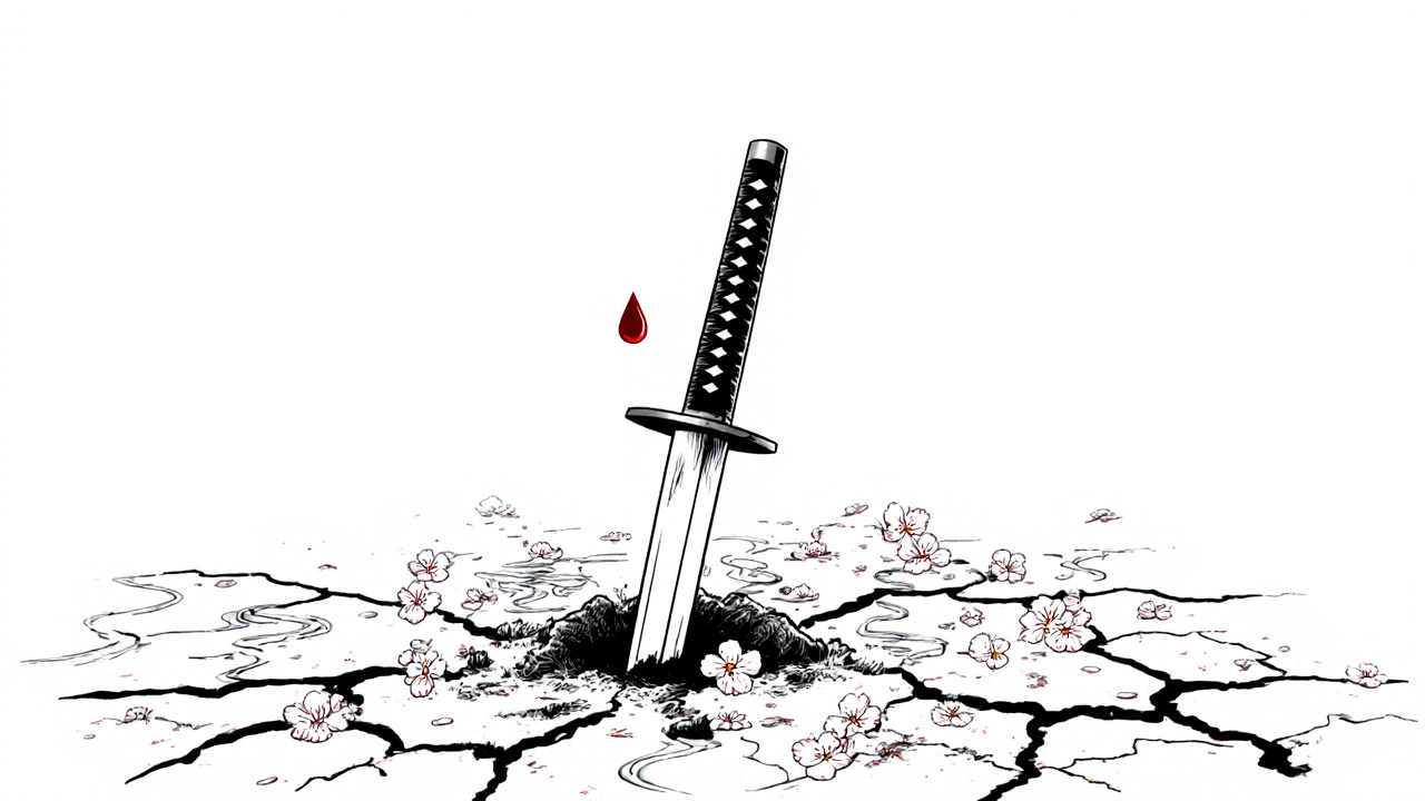 A katana in the ground with water ripples and a single drop of blood.