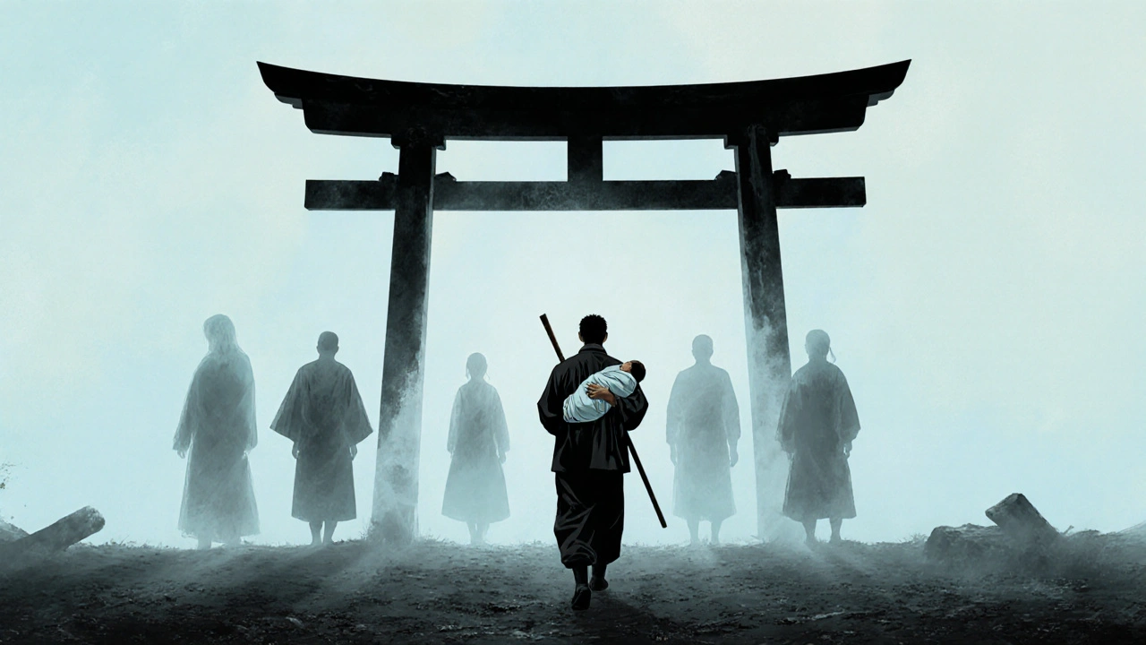A man walks away with a baby as four translucent figures fade into mist under a rainy sky.