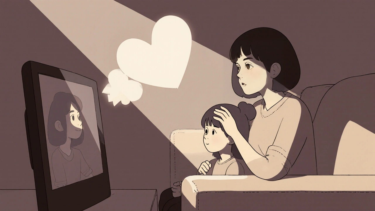 A mother and daughter watching film together, their connection lit by a heart-shaped glow.